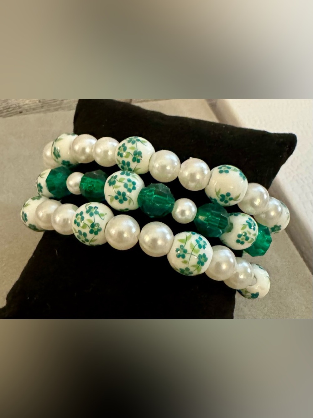 White Faux Pearl, White & Green Floral Ceramic Bead stretch Bracelet set of 3